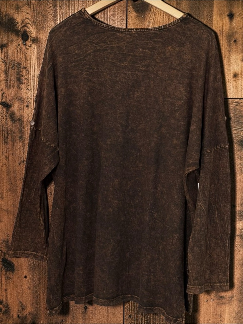 Jess & Jane dark brown Mineral Washed tunic top 3-button accent dolman sleeve| L - Picture 7 of 13